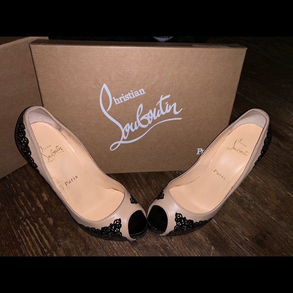 Christian Louboutin nude and lace peep toe